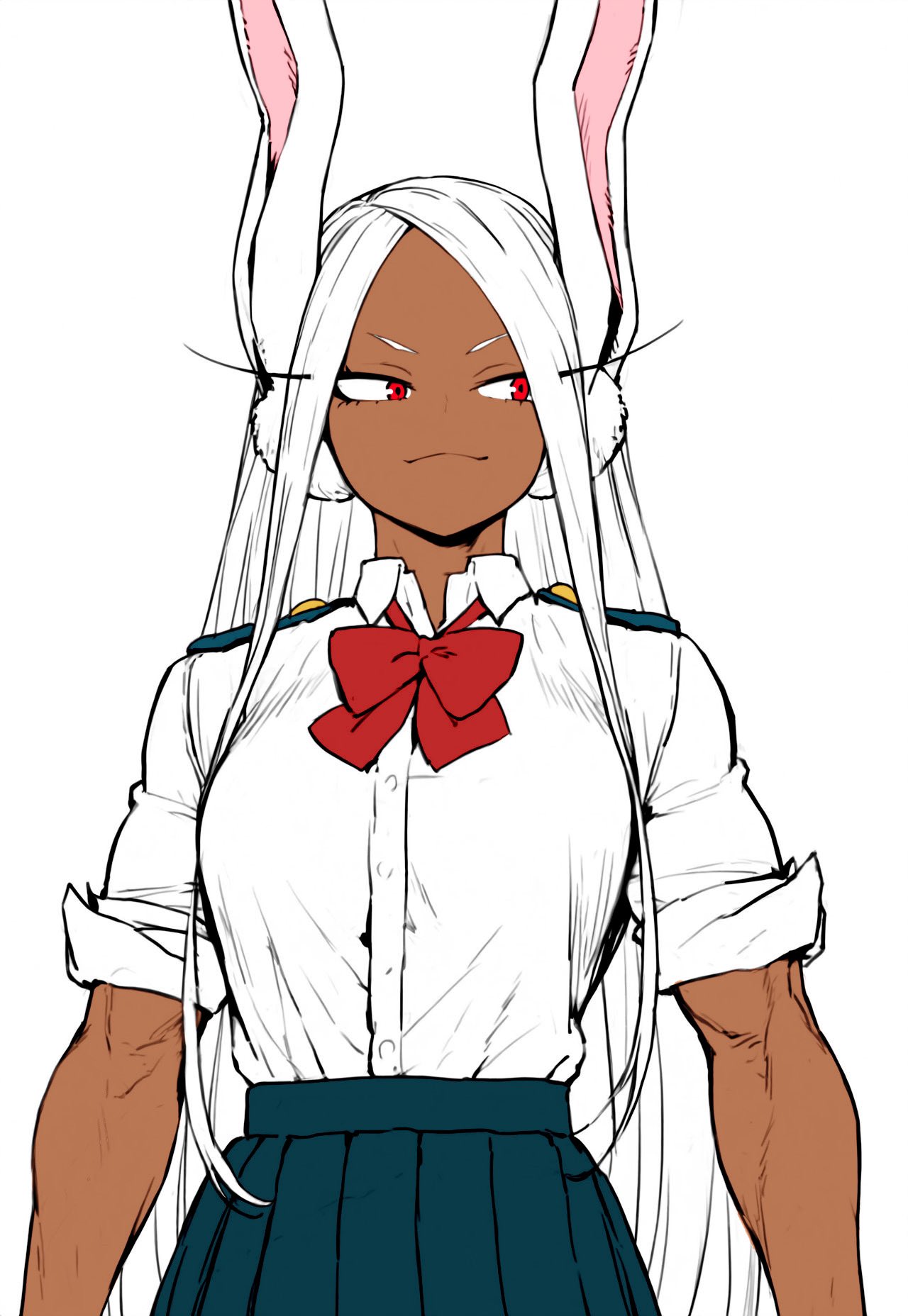 1girl, animal_ears, artist_collaboration, blue_skirt, boku_no_hero_academia, bow, breasts, collared_shirt