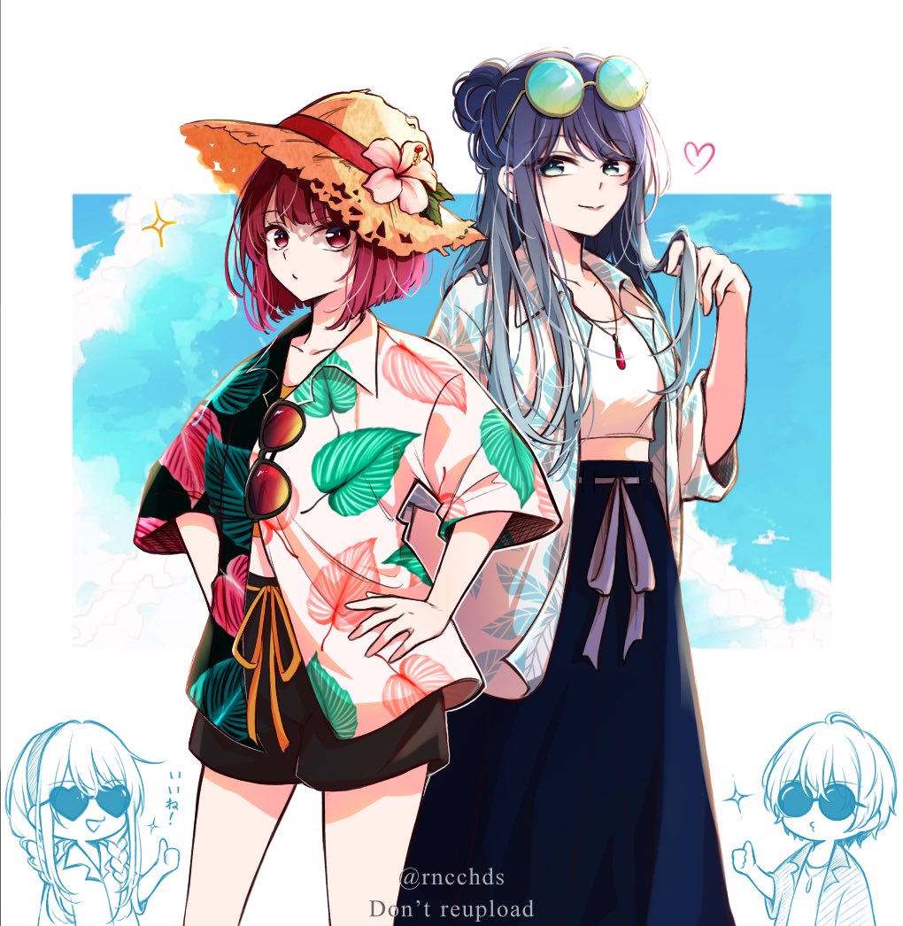 1boy, 3girls, arima_kana, black_shirt, black_shorts, blue_eyes, blue_hair, blue_skirt