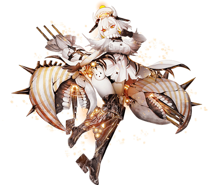 1girl, abyssal_ship, armored_boots, beret, black_gloves, boots, covered_mouth, crab_claw