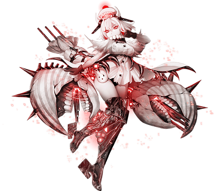 1girl, abyssal_ship, armored_boots, beret, black_gloves, boots, covered_mouth, crab_claw