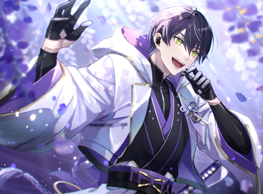 1boy, black_gloves, black_kimono, clothing_cutout, coat, falling_petals, glove_cutout, gloves