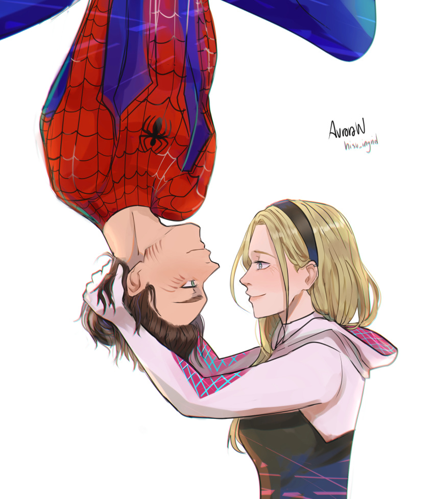 1boy, 1girl, alternate_costume, artist_name, aurora_williams, black_hairband, blonde_hair, blue_eyes