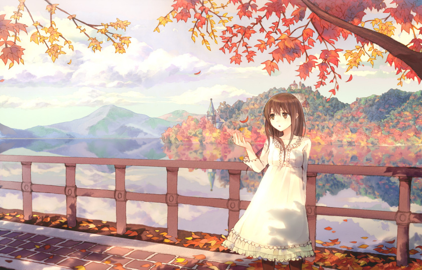 autumn, brown_eyes, brown_hair, dress, landscape, leaves, long_hair, original
