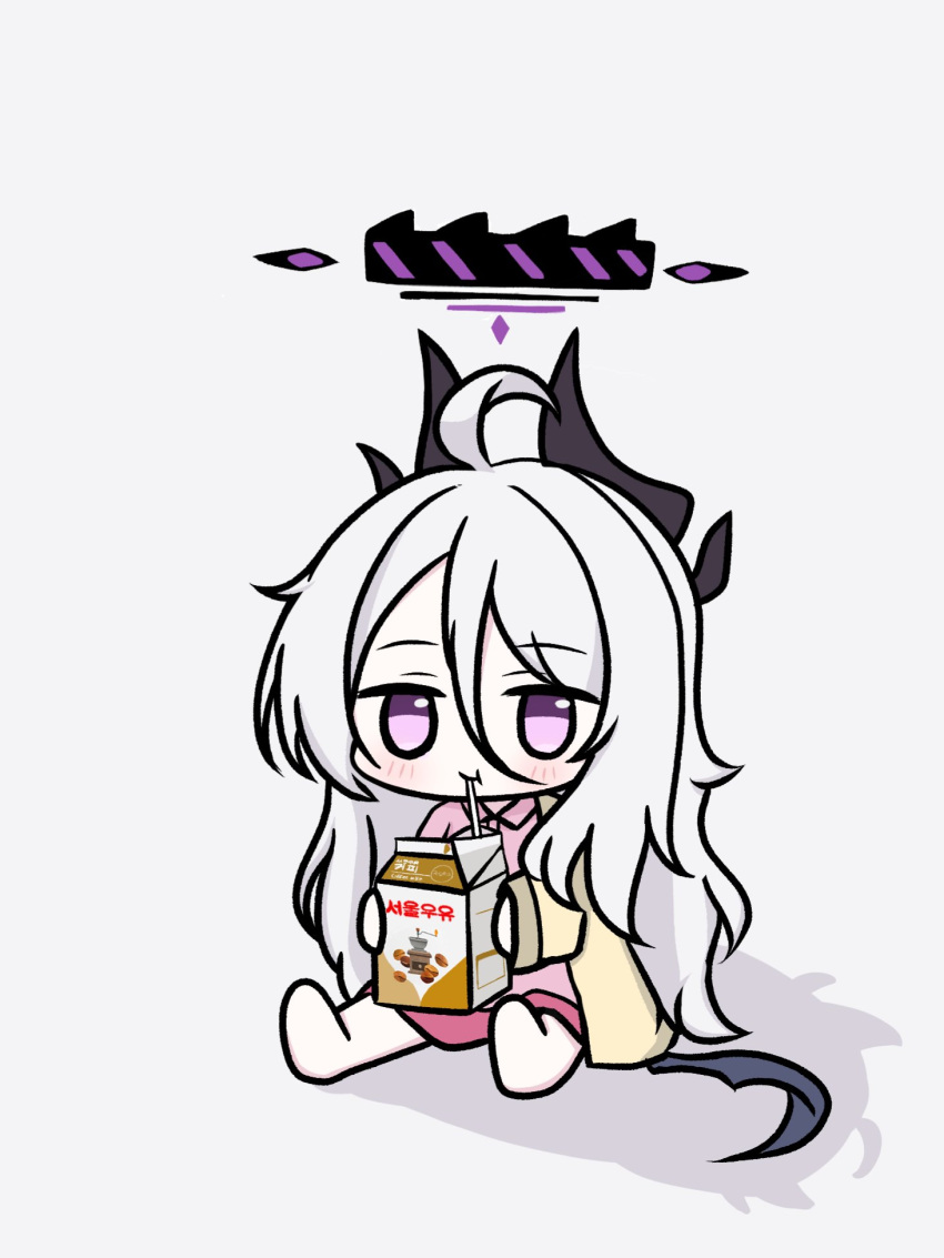 1girl, ahoge, black_halo, black_wings, blue_archive, blush, chibi, closed_mouth, demon_horns, drink, drinking, drinking_straw, drinking_straw_in_mouth, halo, highres, hina_(blue_archive), holding, holding_drink, horns, iisa111111, long_hair, multiple_horns, pajamas, simple_background, solo, violet_eyes, white_background, white_hair, wings