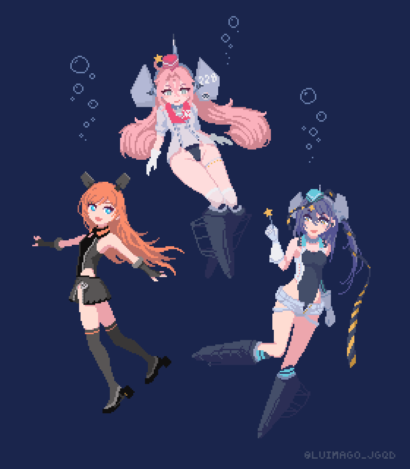 3girls, aqua_hat, ballet_boots, black_one-piece_swimsuit, black_ribbon, blue_eyes, bubble, candy, coat, collar, competition_swimsuit, drum_(kancolle), fake_horns, food, garrison_cap, gloves, grey_eyes, grey_gloves, grey_one-piece_swimsuit, grey_skirt, hair_ornament, hat, headgear, highleg, highleg_one-piece_swimsuit, holding, holding_candy, holding_food, horned_headwear, horns, kantai_collection, luimago, metal_collar, multiple_girls, one-piece_swimsuit, orange_hair, pink_hair, purple_hair, red_hat, ribbon, rudder_footwear, salmon_(kancolle), scamp_(kancolle), short_shorts, shorts, side_ponytail, skirt, star_(symbol), star_hair_ornament, swimsuit, swimsuit_under_clothes, two-tone_one-piece_swimsuit, white_coat, white_gloves, white_shorts