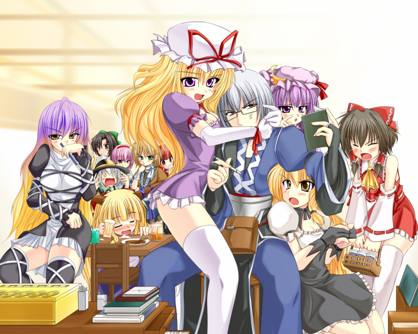 1boy, 6+girls, anger_vein, animal_ears, annoyed, ascot, beer, blonde_hair, blush, book, bow, box, brown_eyes, brown_hair, cat_ears, chair, closed_eyes, dress, drunk, glasses, glomp, gloves, gradient_hair, green_eyes, hair_bow, hairband, hakurei_reimu, harem, hat, heart, hijiri_byakuren, horn_ribbon, horns, hug, ibuki_suika, kaenbyou_rin, kirihane, kirisame_marisa, komeiji_koishi, komeiji_satori, long_hair, mizuhashi_parsee, morichika_rinnosuke, multicolored_hair, multiple_girls, patchouli_knowledge, pimp, pointing, pointy_ears, purple_eyes, purple_hair, red_eyes, red_hair, redhead, reiuji_utsuho, ribbon, short_hair, silver_hair, sleeping, sun_hat, table, thighhighs, touhou, unwanted_harem, violet_eyes, white_legwear, yakumo_yukari, yellow_eyes, zettai_ryouiki