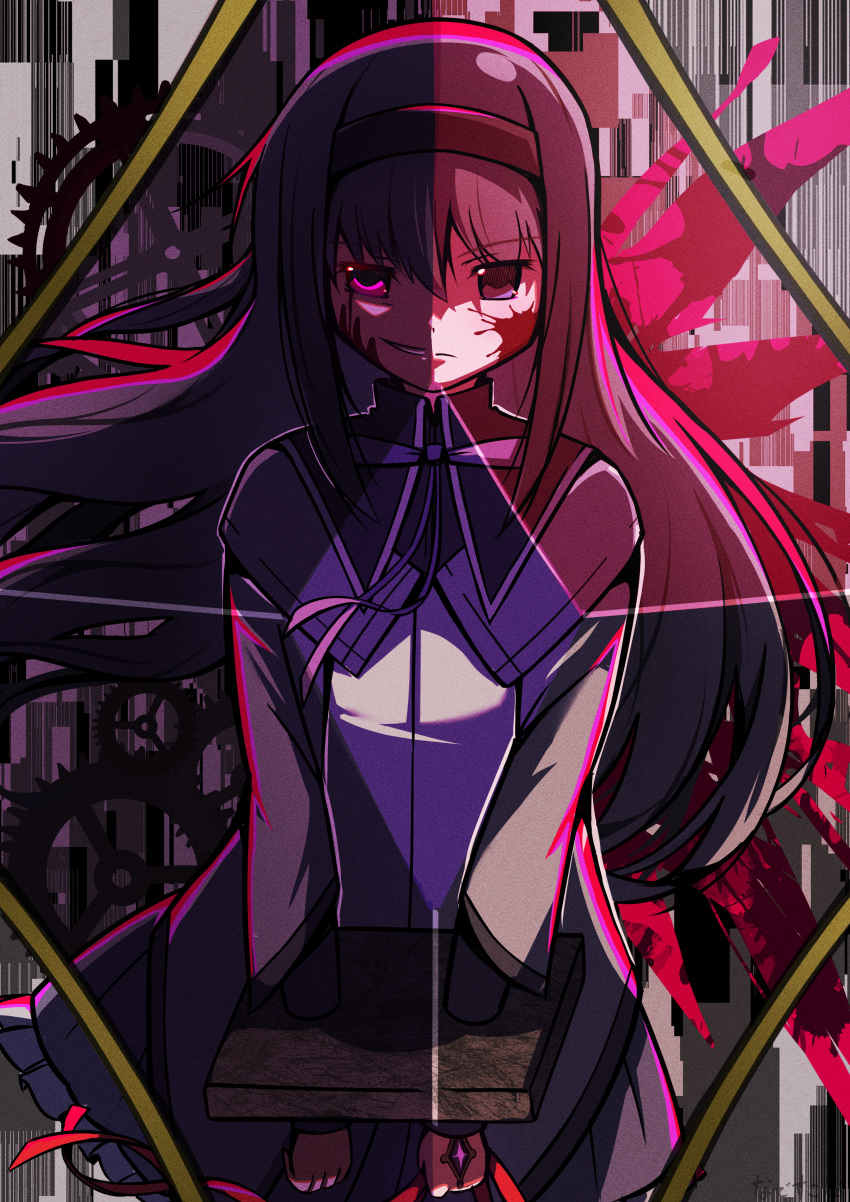 1girl, absurdres, akemi_homura, black_capelet, black_hair, black_hairband, blood, blood_on_face