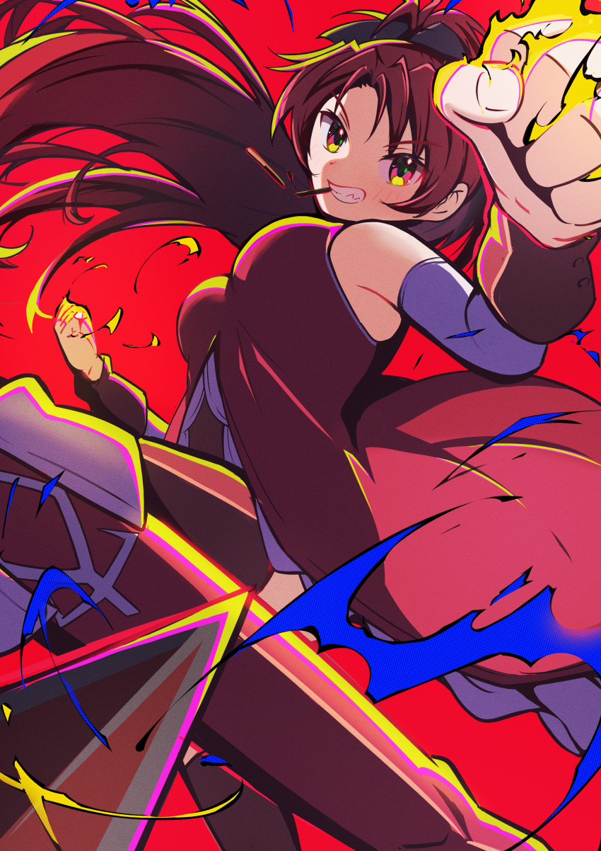1girl, absurdres, antenna_hair, aura, bare_shoulders, black_bow, boots, bow