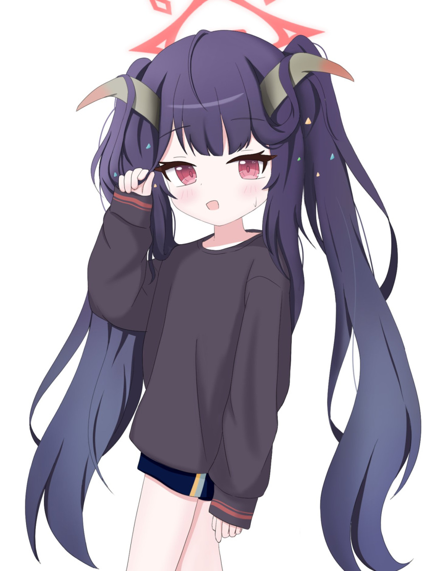 1girl, alternate_costume, black_hair, blue_archive, blush, demon_horns, fuuka_(blue_archive), hair_on_horn, halo, highres, holding, holding_own_hair, horns, iisa111111, long_hair, looking_at_viewer, open_mouth, red_eyes, simple_background, solo, twintails, white_background