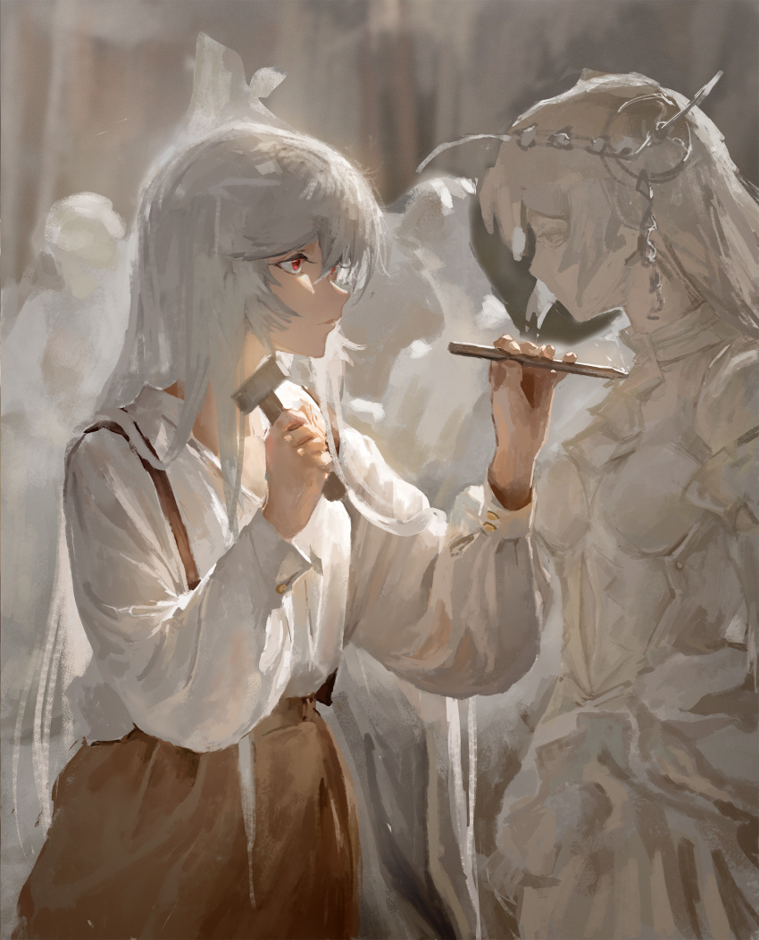 1girl, absurdres, arknights, brown_pants, closed_mouth, cowboy_shot, grey_hair, hair_between_eyes, hammer, highres, holding, holding_chisel, holding_hammer, lingear, long_hair, pants, red_eyes, sculpting, shirt, skadi_(arknights), solo, statue, white_shirt
