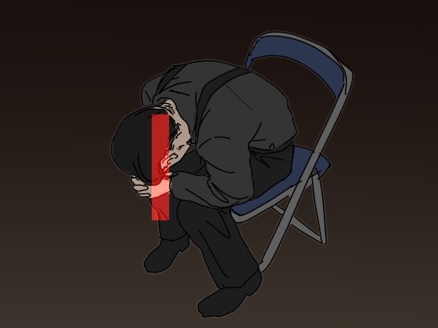 1boy, bent_over, black_hair, black_pants, brown_background, chair, folding_chair, full_body