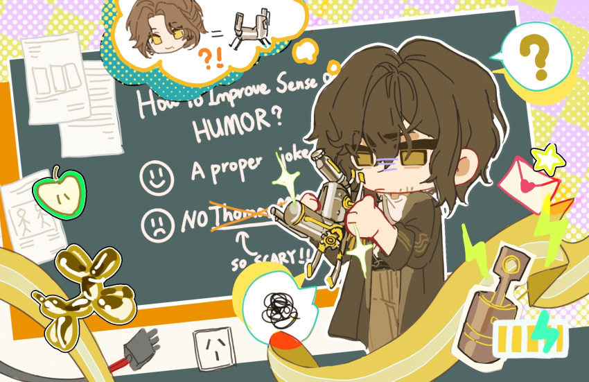 !?, 1boy, ?, balloon_animal, brown_coat, brown_hair, brown_pants, chalkboard