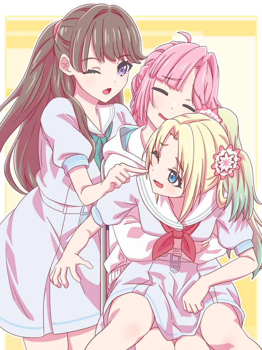 3girls, ;d, ahoge, anyoji_hime, aqua_hair, aqua_neckerchief, blonde_hair, blue_dress