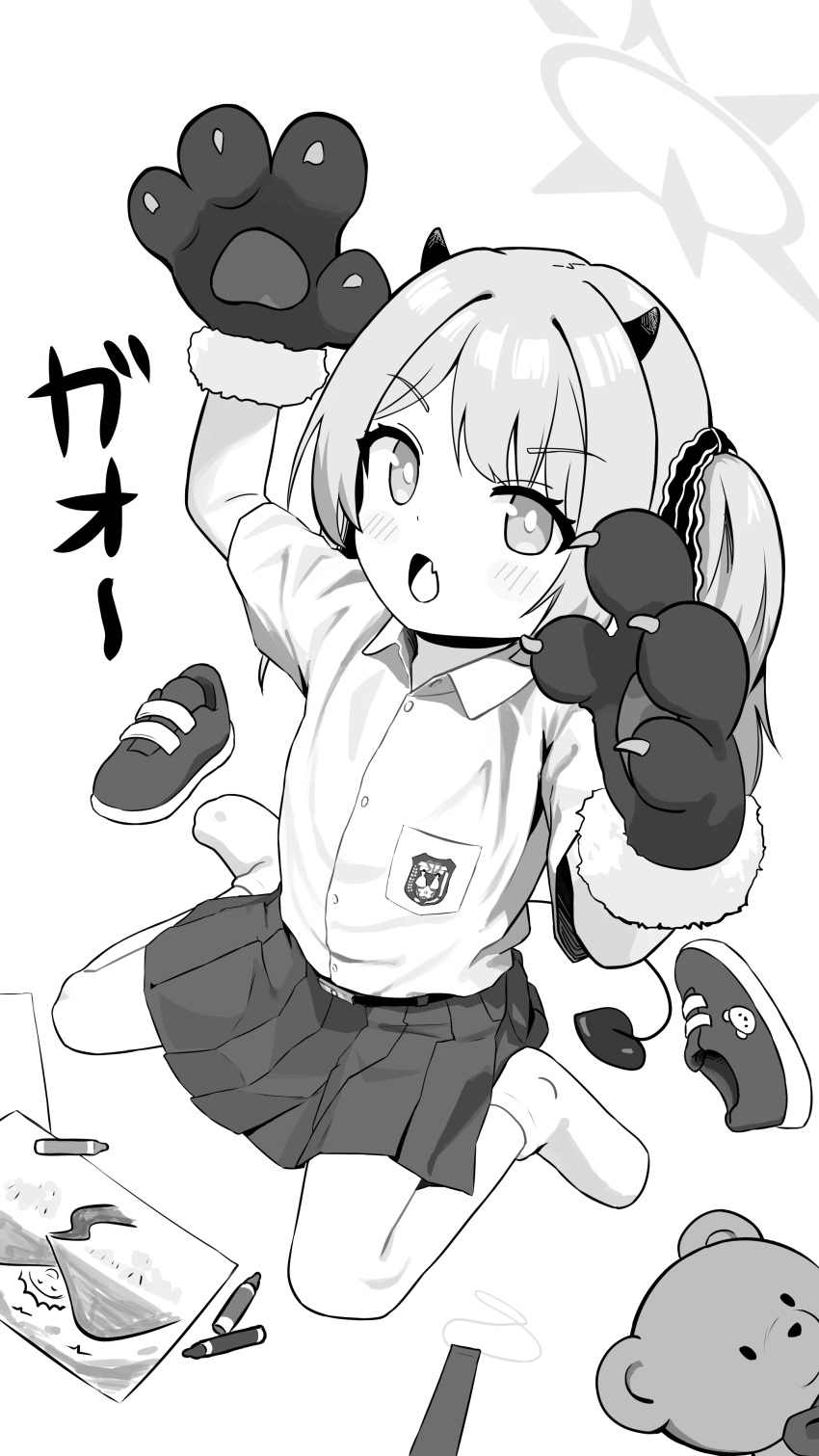 absurdres, animal_hands, blue_archive, child's_drawing, collared_shirt, crayon, drawing_(object), fang