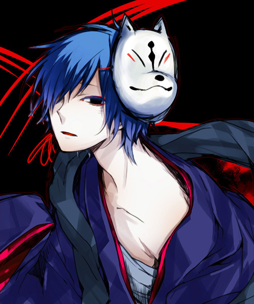 akio_(89e), bad_id, black_eyes, blue_hair, fox_mask, hair_over_one_eye, japanese_clothes, kaito