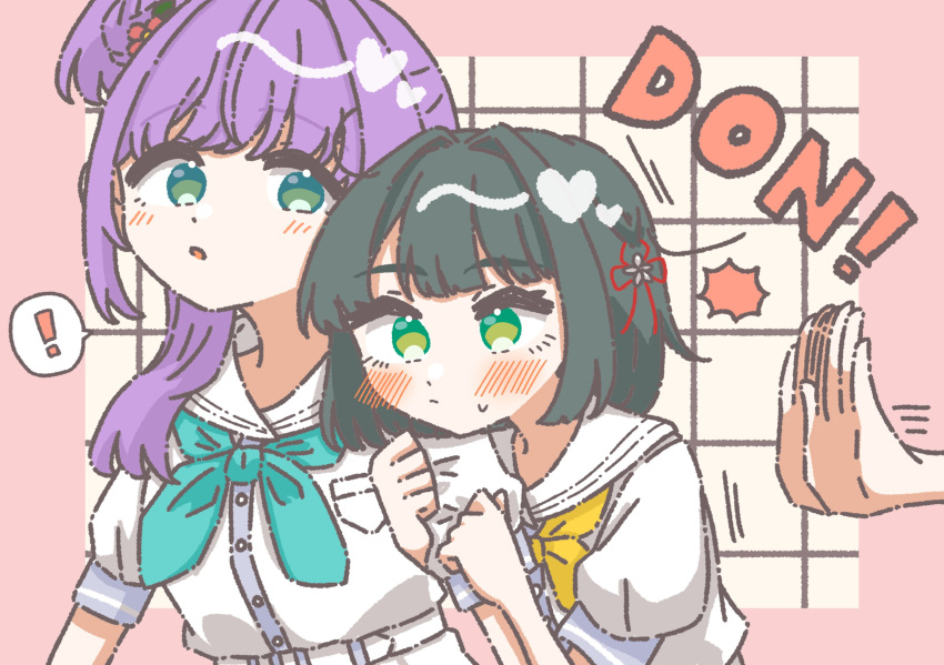 !, 3girls, :o, aqua_neckerchief, arm_hug, black_hair, blunt_bangs, blunt_ends