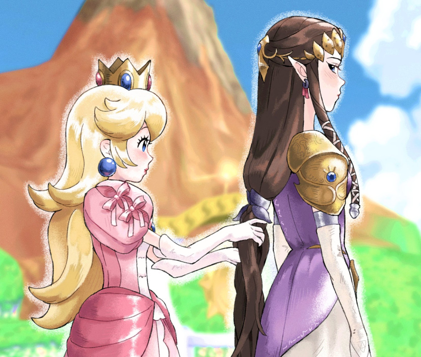 2girls, blonde_hair, blue_eyes, blush, braid, braiding_hair, crown, dress