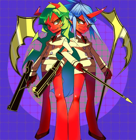 blue_hair, damudamu, demon_girl, double_gold_lacytanga, double_gold_spandex, dual_wielding, fang, glasses