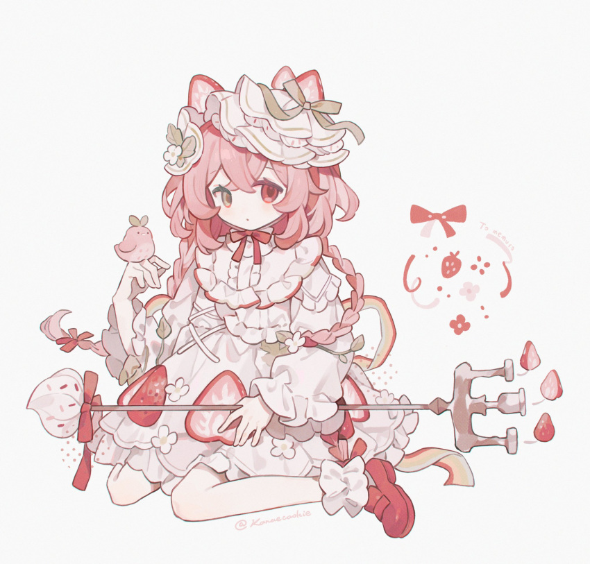 1girl, animal, ankle_cuffs, bow, braid, closed_mouth, crossed_bangs, dot_mouth