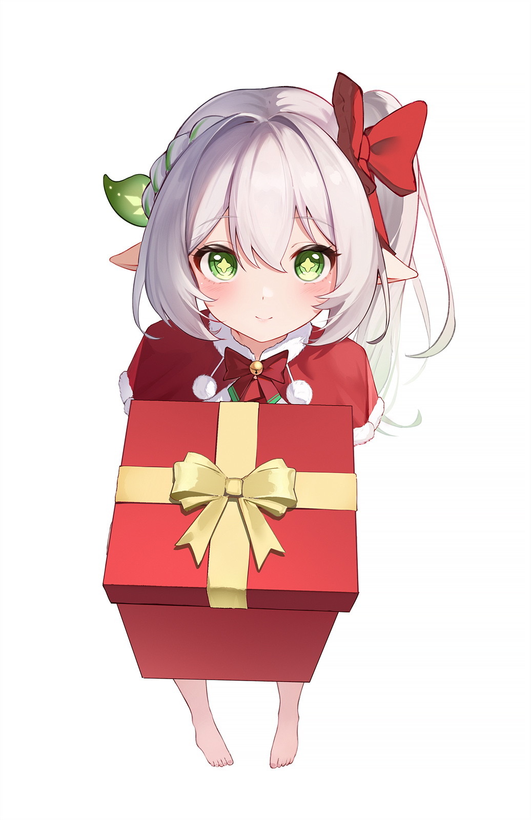 1girl, barefoot, blush, bow, bowtie, box, capelet, christmas