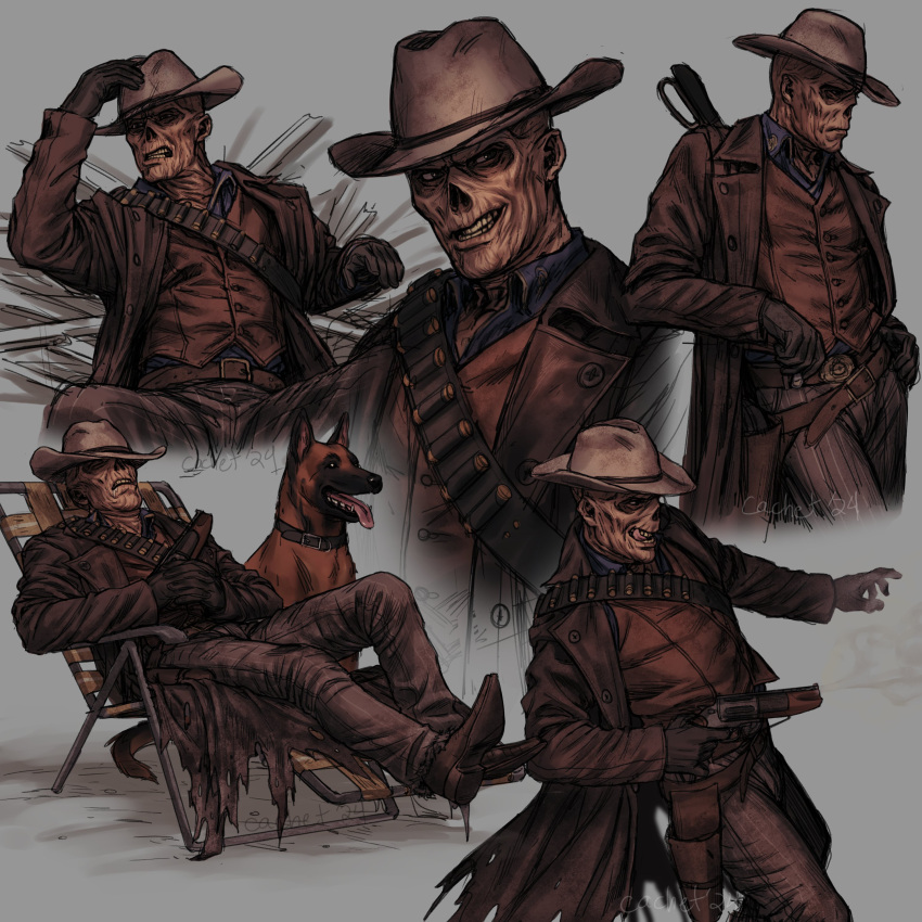 1boy, absurdres, aiming, animal, arm_up, bandolier, belt, belt_buckle, black_gloves, blue_shirt, brown_belt, brown_coat, brown_footwear, brown_vest, buckle, cachet, chair, coat, collared_shirt, commentary, cowboy_hat, dog, english_commentary, fallout_(prime_video), fallout_(series), folding_chair, german_shepherd, ghoul, ghoul_(fallout), gloves, grey_background, grin, gun, hand_on_own_hat, hat, highres, holding, holding_gun, holding_weapon, knee_up, lapels, layered_clothes, long_sleeves, looking_ahead, looking_to_the_side, lying, male_focus, multiple_belts, multiple_views, on_back, on_chair, outstretched_leg, own_hands_clasped, own_hands_together, pants, shell_casing, shirt, sideways_glance, simple_background, sitting, smile, solo, teeth, the_ghoul_(fallout_tv_series), undershirt, vest, weapon