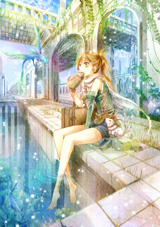 blonde_hair, eating, feet_in_water, fish, food, legs, miyama_kiri, original, sandwich, soaking_feet, solo, water, yellow_eyes