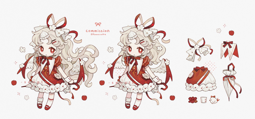 1girl, :o, apple, blonde_hair, bow, bright_pupils, chibi, commission
