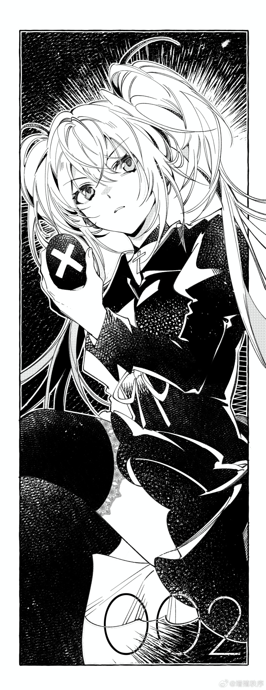 1girl, absurdres, border, egg, expressionless, facing_viewer, hand_up, highres