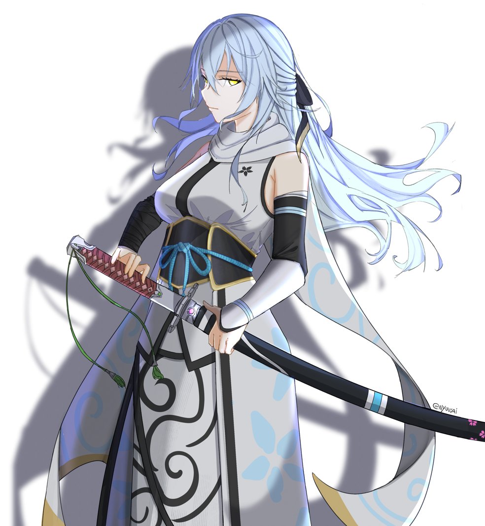 1girl, eiyuu_densetsu, floating_hair, floating_scarf, half_updo, holding, holding_sword, holding_weapon