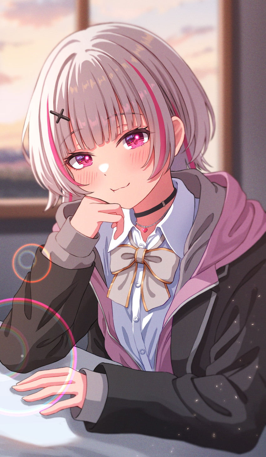 1girl, absurdres, asumi_sena, black_choker, black_coat, blush, bow, bowtie, choker, closed_mouth, coat, collared_shirt, desk, evening, grey_hair, hair_ornament, hand_on_own_cheek, hand_on_own_face, harupuri913, head_rest, highres, jewelry, lens_flare, long_sleeves, looking_at_viewer, multicolored_hair, necklace, pink_eyes, pink_hair, shirt, solo, streaked_hair, two-tone_hair, virtual_youtuber, vspo!, white_shirt, window