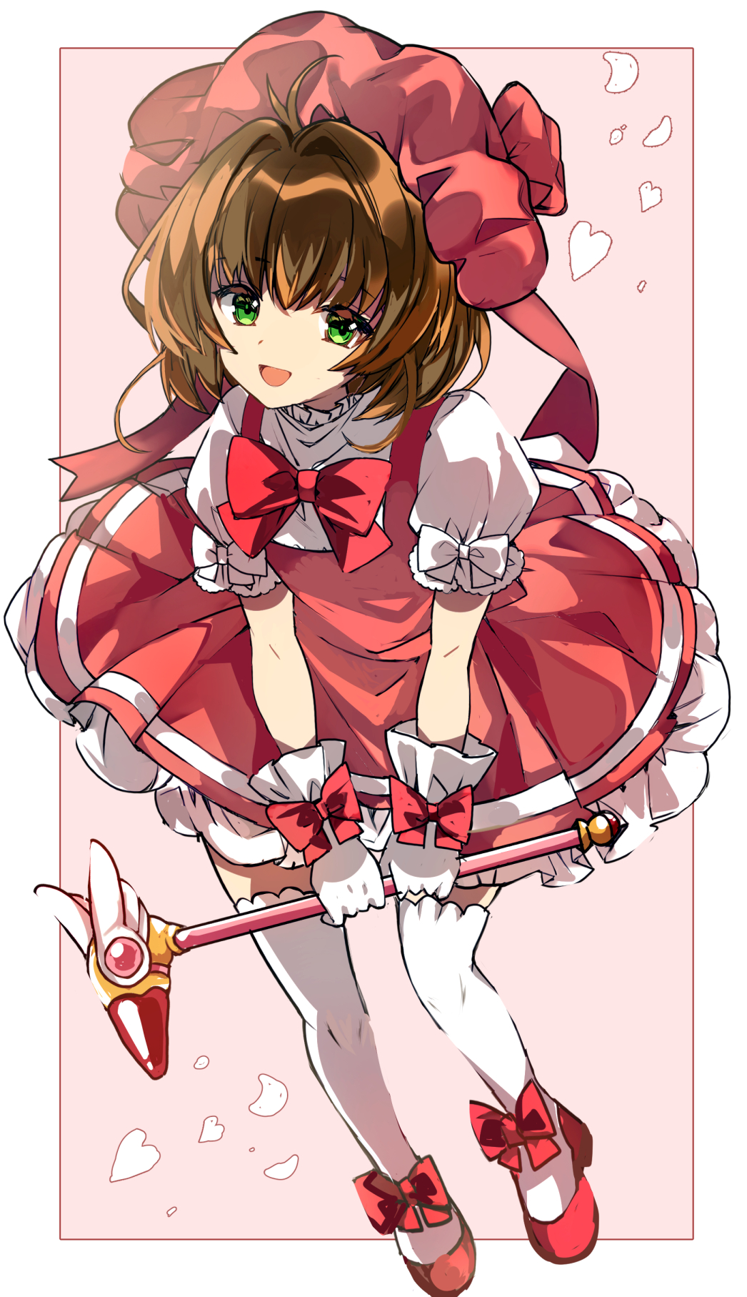 1girl, border, bow, bowtie, brown_hair, cardcaptor_sakura, dress, frilled_dress