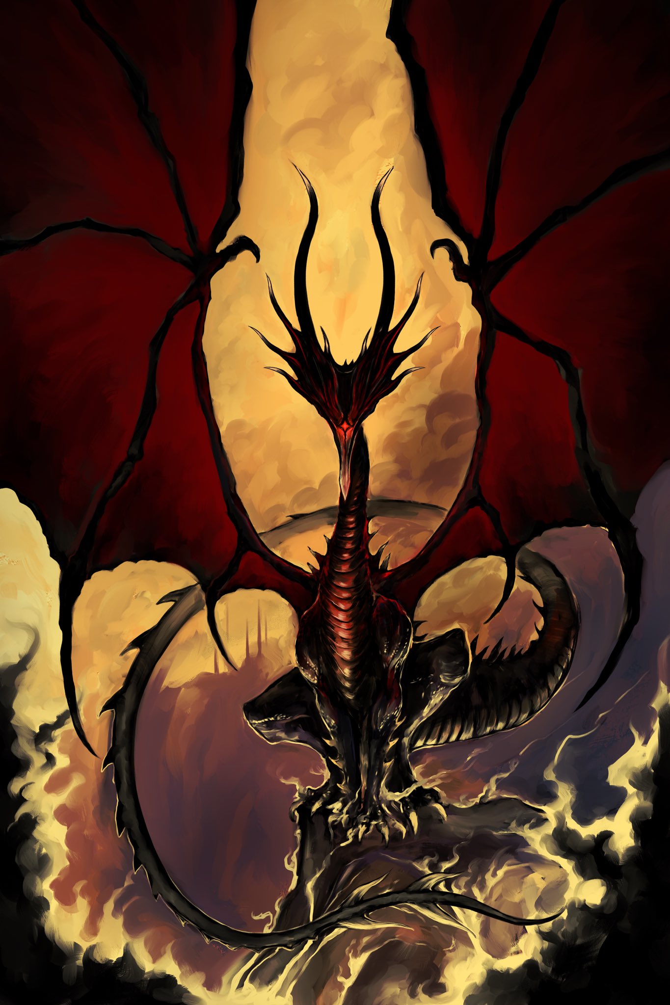 alivewake, all_fours, black_dragon_kalameet, black_skin, claws, clouds, colored_skin, creature