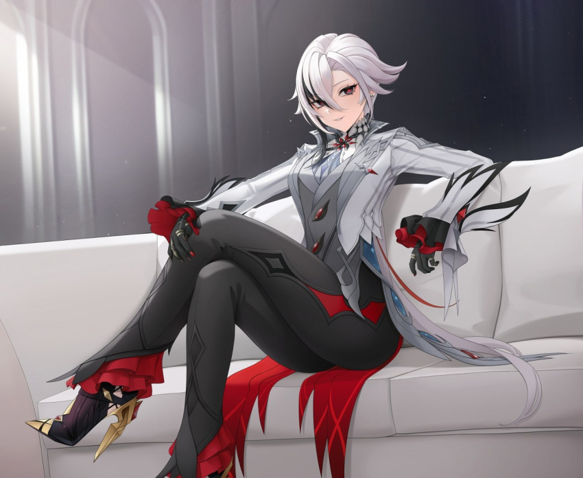 1girl, akaisu, arlecchino_(genshin_impact), black_eyes, black_pants, couch, genshin_impact, grey_hair
