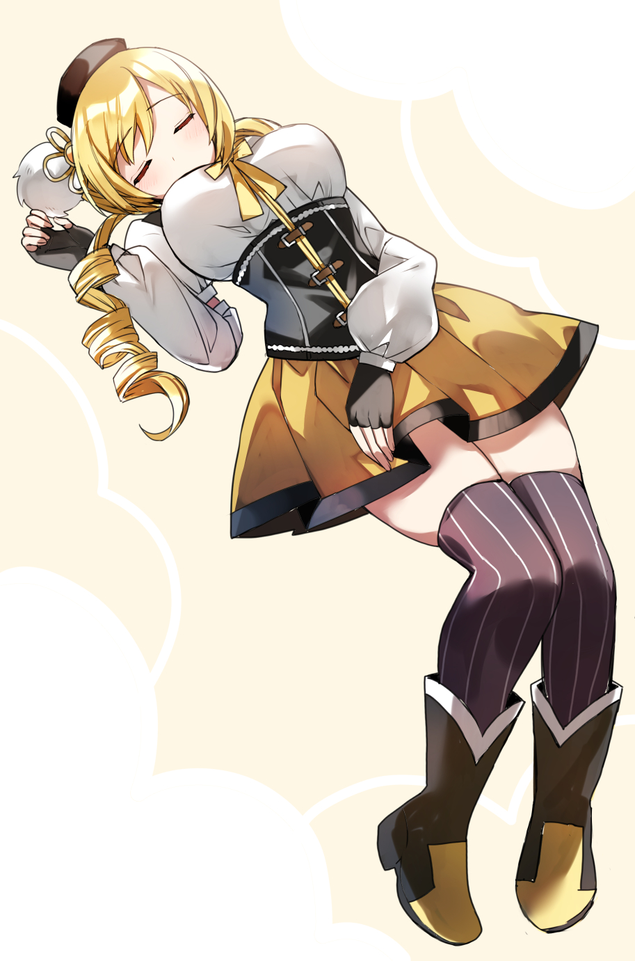 1girl, black_footwear, black_gloves, black_thighhighs, blonde_hair, boots, breasts, closed_eyes