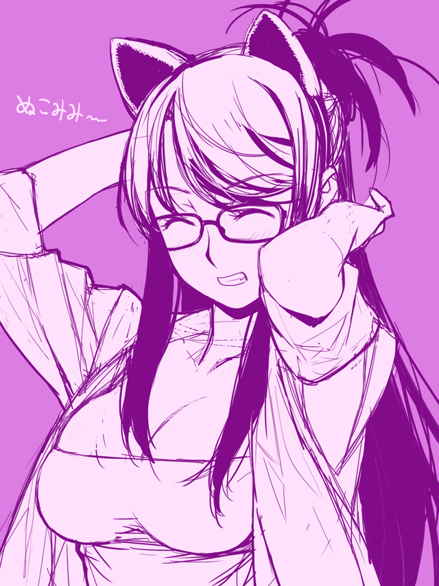 black_hair, blush, breasts, cat_ears, cleavage, closed_eyes, eyes_closed, glasses