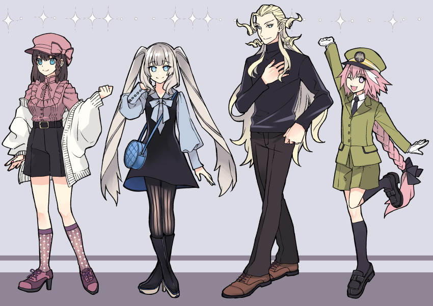 2boys, 2girls, ;d, absurdres, arm_up, astolfo_(fate), bag, belt, black_belt, black_bow, black_dress, black_footwear, black_necktie, black_pants, black_pantyhose, black_shirt, black_shorts, black_socks, blonde_hair, blue_bag, blue_bow, blue_eyes, blue_shirt, boots, bow, bowtie, braid, brown_footwear, brown_hair, charlotte_corday_(fate), closed_mouth, collared_shirt, curly_hair, dress, endou_minari, fate/grand_order, fate_(series), floral_print, floral_print_socks, full_body, gloves, green_hat, green_jacket, green_shorts, grey_background, hair_bow, hand_on_own_chest, hand_up, hat, hat_bow, high_heels, highres, jacket, kneehighs, leg_up, loafers, long_hair, long_sleeves, looking_at_viewer, marie_antoinette_(fate), marie_antoinette_(still_in_the_middle_of_the_trip)_(fate), medium_hair, multicolored_hair, multiple_boys, multiple_girls, neck_ribbon, necktie, official_alternate_costume, one_eye_closed, open_clothes, open_jacket, open_mouth, pants, pantyhose, peaked_cap, pinafore_dress, pink_bow, pink_eyes, pink_footwear, pink_hair, pink_hat, pink_ribbon, pink_shirt, pink_socks, platform_boots, platform_footwear, puffy_sleeves, ribbon, round_bag, shirt, shoes, shorts, side_braid, sidelocks, simple_background, single_braid, sleeveless, sleeveless_dress, smile, socks, standing, standing_on_one_leg, streaked_hair, striped_clothes, striped_pantyhose, turtleneck, twintails, uniform, vertical-striped_clothes, vertical-striped_pantyhose, very_long_hair, violet_eyes, white_gloves, white_hair, white_jacket, white_shirt, wing_collar, wolfgang_amadeus_mozart_(fate)