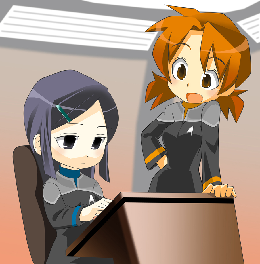 blue_hair, cosplay, ga_geijutsuka_art_design_class, multiple_girls, nozaki_namiko, oomichi_miyabi, orange_hair, star_trek, uniform, zosho