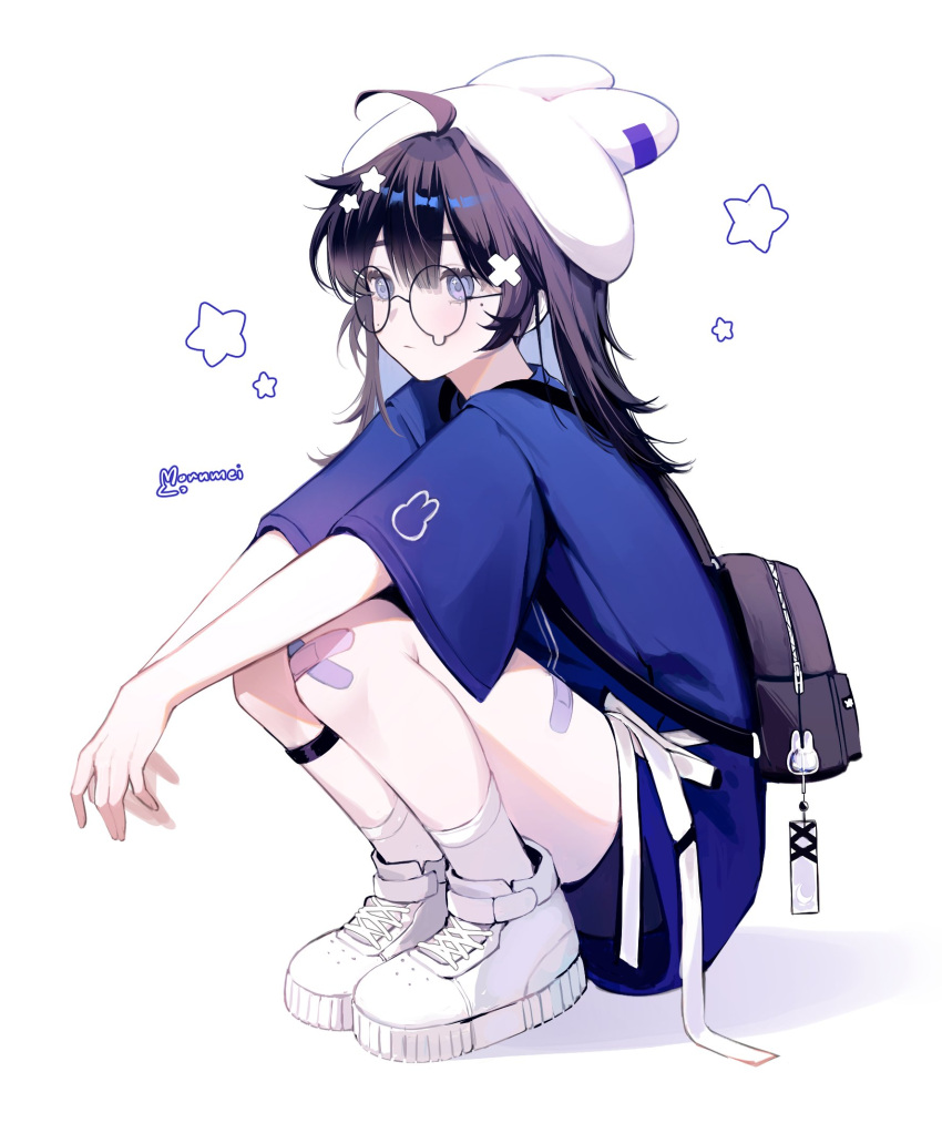 1girl, ahoge, artist_name, backpack, bag, bandaid, bandaid_on_face, bandaid_on_knee