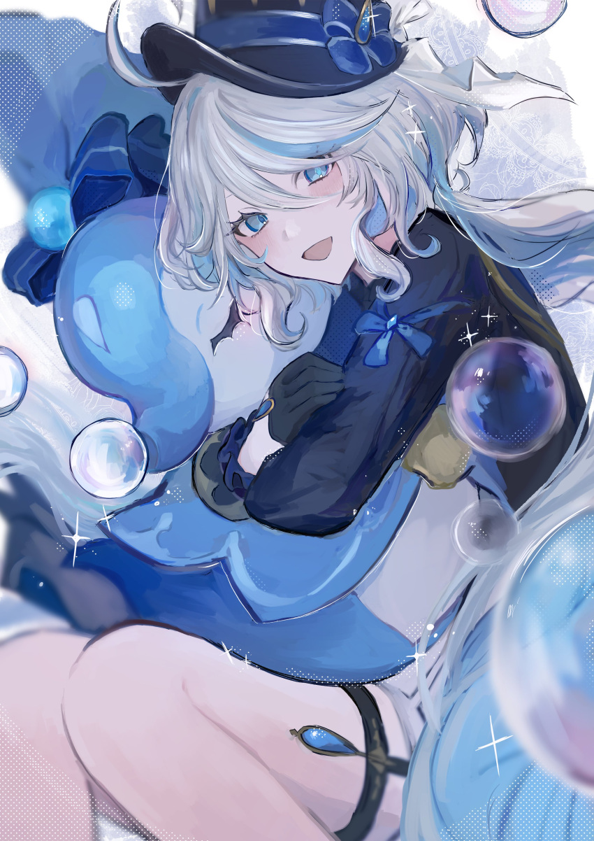 1girl, :d, absurdres, ahoge, aqua_eyes, asagi_12_457, black_gloves, blue_bow
