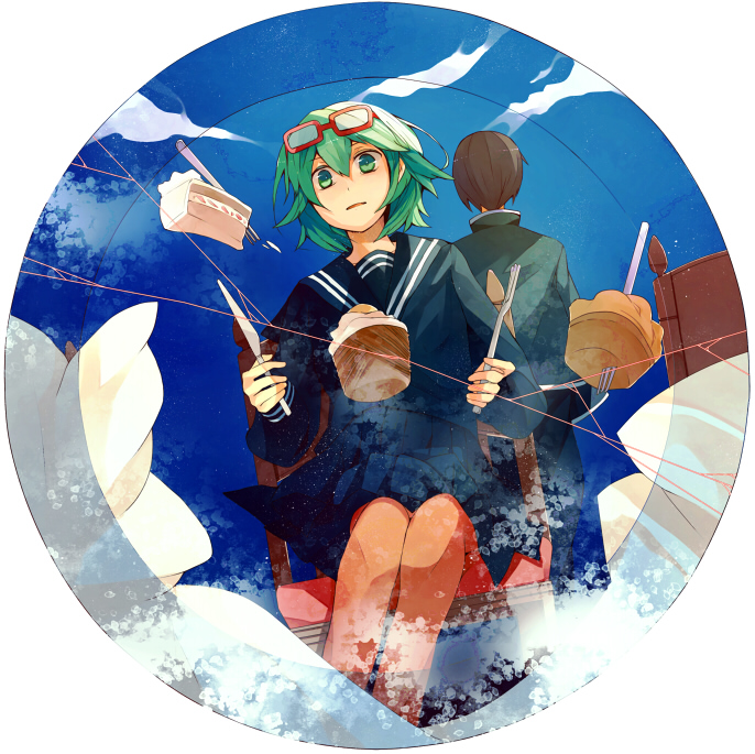 dessert, food, fork, glasses, glasses_on_head, green_eyes, green_hair, gumi