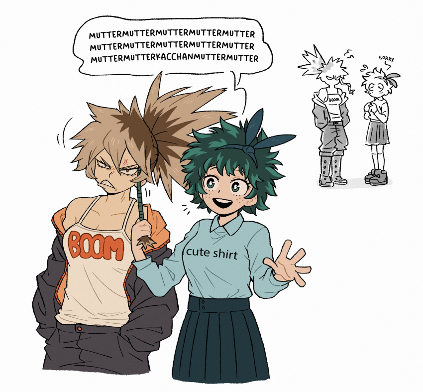 2girls, :d, absurdres, bakugou_katsuki, black_jacket, blonde_hair, boku_no_hero_academia, brown_hair, collared_shirt, doodlelotl, freckles, genderswap, genderswap_(mtf), green_hair, highres, holding, jacket, kneehighs, long_sleeves, midoriya_izuku, miniskirt, multiple_girls, multiple_views, open_clothes, open_jacket, pants, ponytail, pull, rope, shirt, shoes, short_hair, skirt, smile, socks, speech_bubble, tank_top, teeth, upper_teeth_only