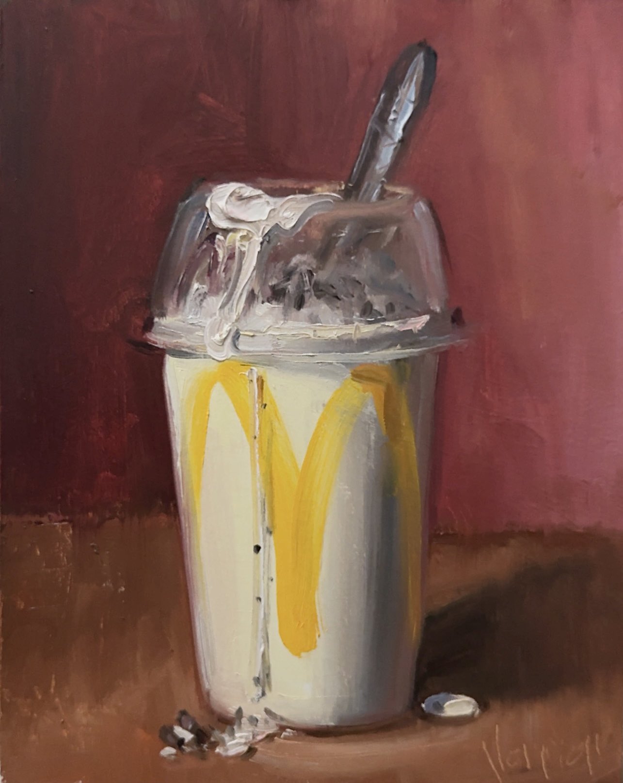 commentary, cup, disposable_cup, english_commentary, food, food_focus, highres, ice_cream, lid, logo, mcdonald's, melting, melting_ice_cream, no_humans, noahverrier, oil_painting_(medium), oreo, painting_(medium), red_background, signature, spoon, still_life, table, traditional_media