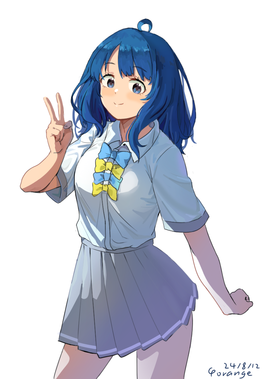 1girl, blue_bow, blue_bowtie, blue_eyes, blue_hair, bow, bowtie, collared_shirt