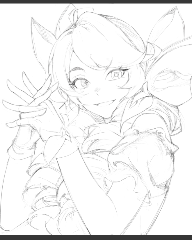 1girl, bow, drill_hair, fingerless_gloves, gloves, greyscale, grin, gwen_(league_of_legends)
