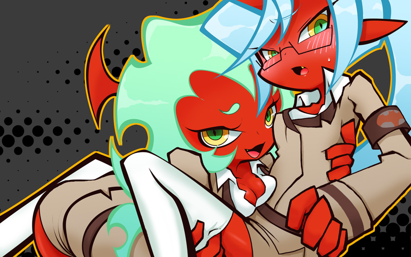 blue_hair, blush, breasts, cleavage, demon_girl, fang, glasses, green_eyes