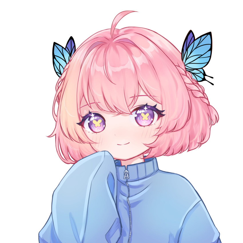blue_butterfly, blue_sweater, braid, bug, butterfly, butterfly_hair_ornament, butterfly_in_eye, hair_ornament, highres, hojo_studio, light_smile, looking_at_viewer, lunaby, pink_hair, short_hair, smile, sweater, twin_braids, violet_eyes, virtual_youtuber, white_background
