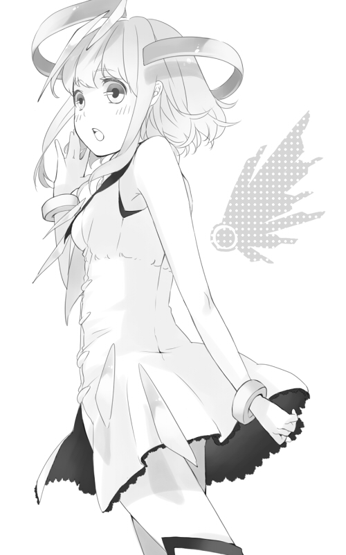 1girl, aria_(vocaloid), blush, booota, detached_wings, gumi, monochrome, short_dress
