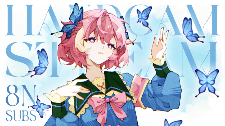 blue_butterfly, bow, bowtie, bug, butterfly, butterfly_hair_ornament, butterfly_in_eye, frilled_sailor_collar, frills, hair_ornament, highres, hojo_studio, lunaby, milestone_celebration, open_mouth, pink_armband, pink_bow, pink_bowtie, pink_eyes, pink_hair, sailor_collar, school_uniform, short_hair, virtual_youtuber