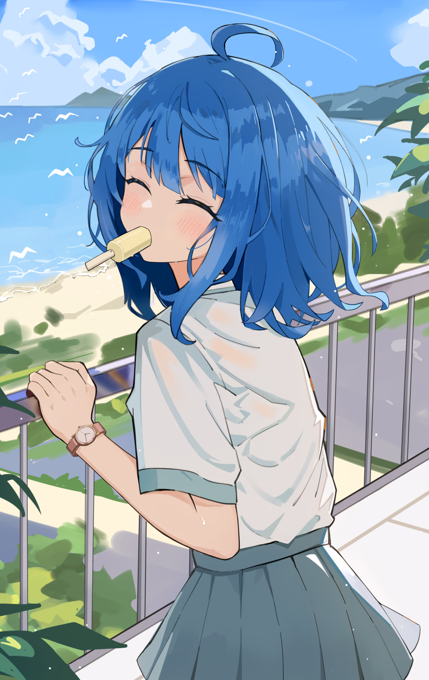 1girl, absurdres, ahoge, blue_hair, blush, closed_eyes, eating, facing_viewer