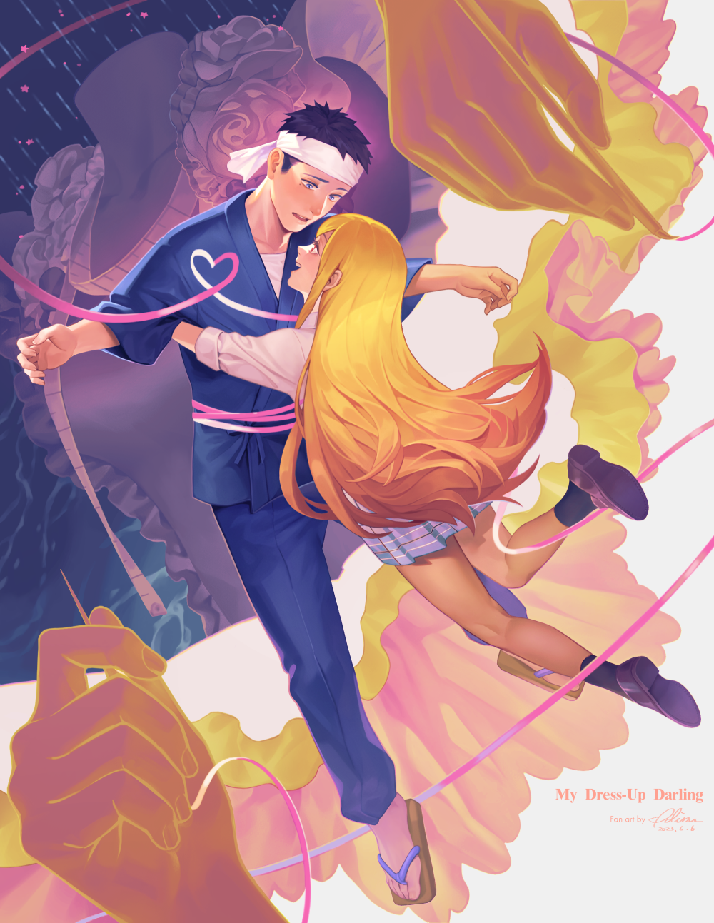 1boy, 1girl, black_hair, blonde_hair, blue_eyes, blush, copyright_name, floating